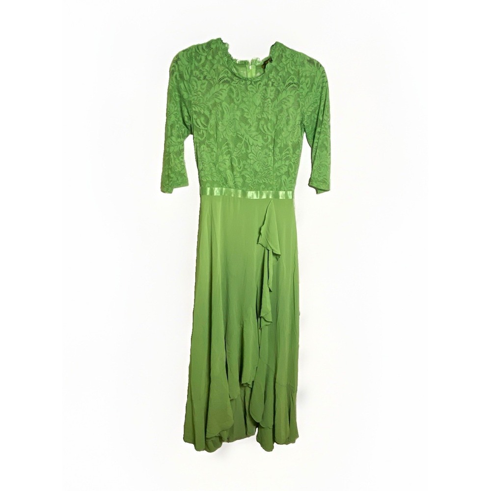 MIUSOL Green Floral Lace Round Neck 3/4 Sleeve Ruffle Zip Maxi Dress S